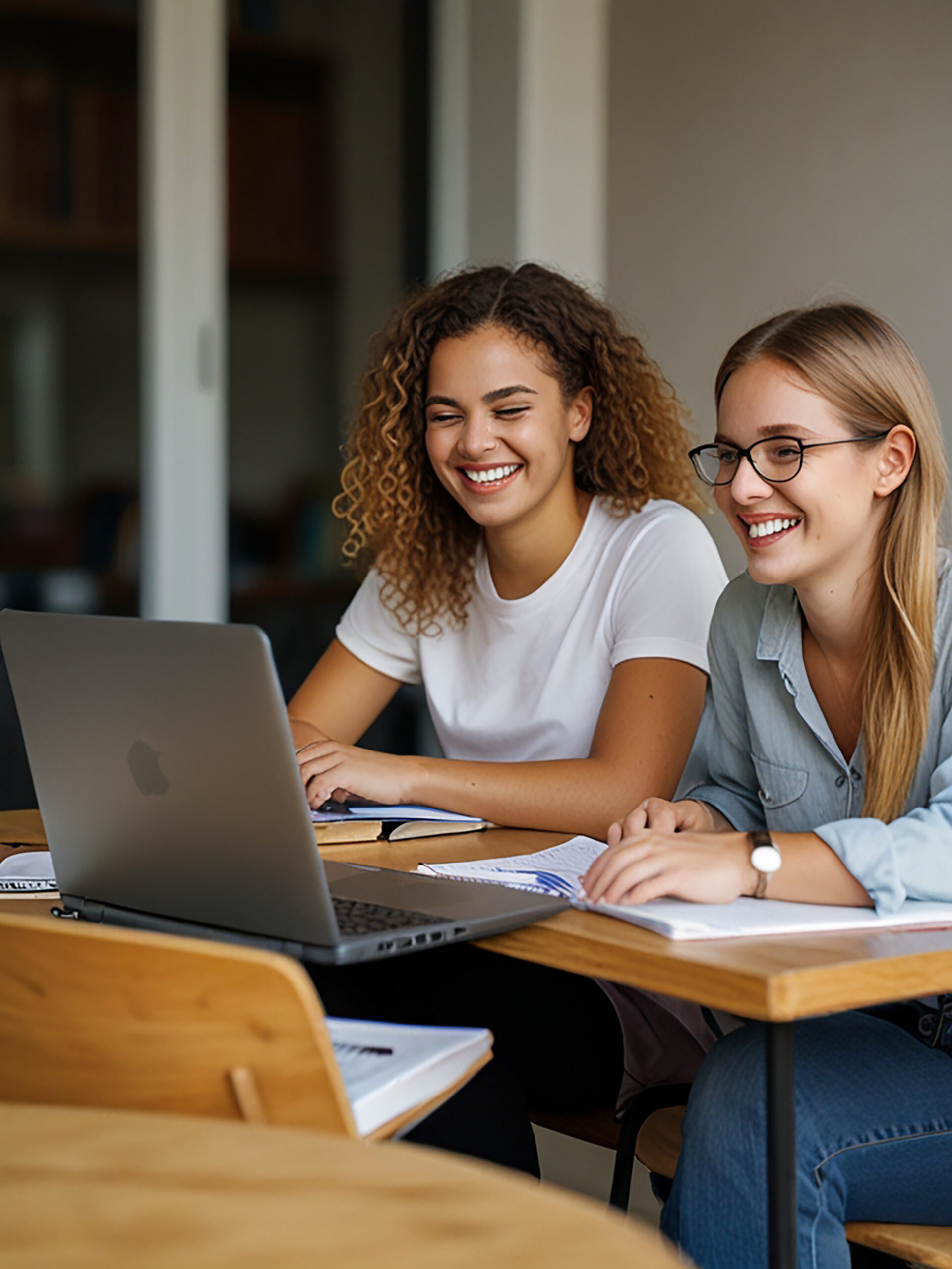 Young laughing female students enjoy studying on their laptops